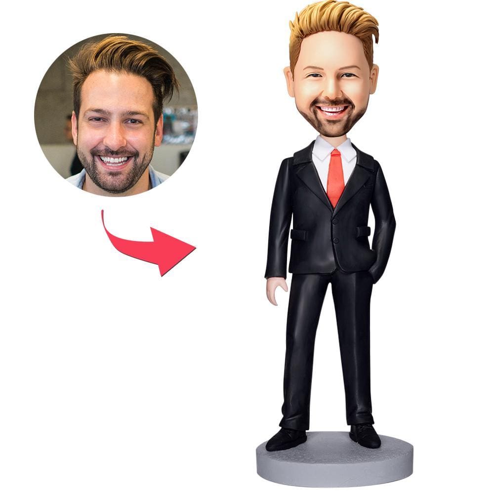 Statuetta Personalizzata Di Un Uomo D'affari In Abito Nero Con Testa Oscillante E Testo Inciso. - GiftlabIT