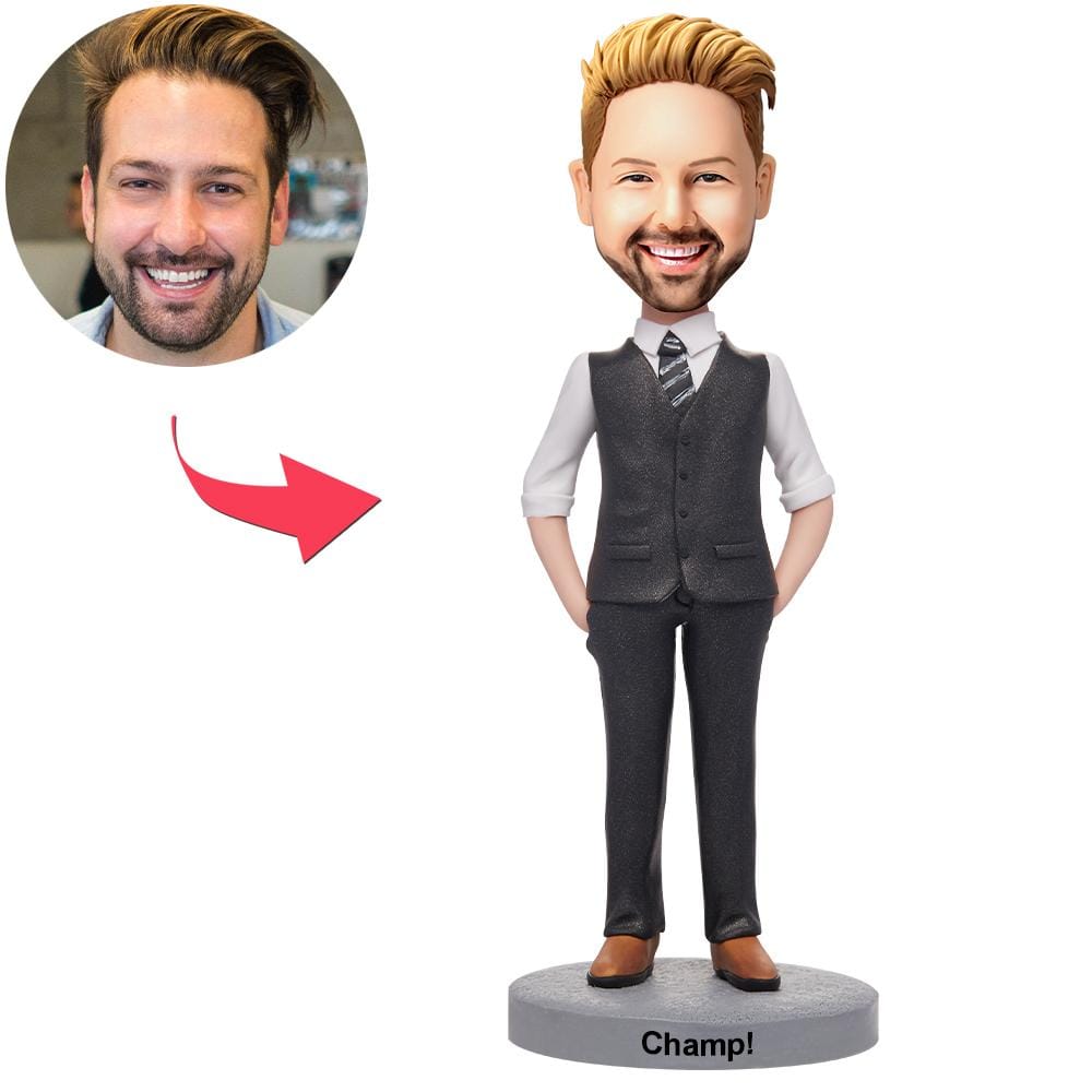 Statuette Personalizzate Di Uomo In Abito Formale Con Testa Oscillante E Testo Inciso. - GiftlabIT