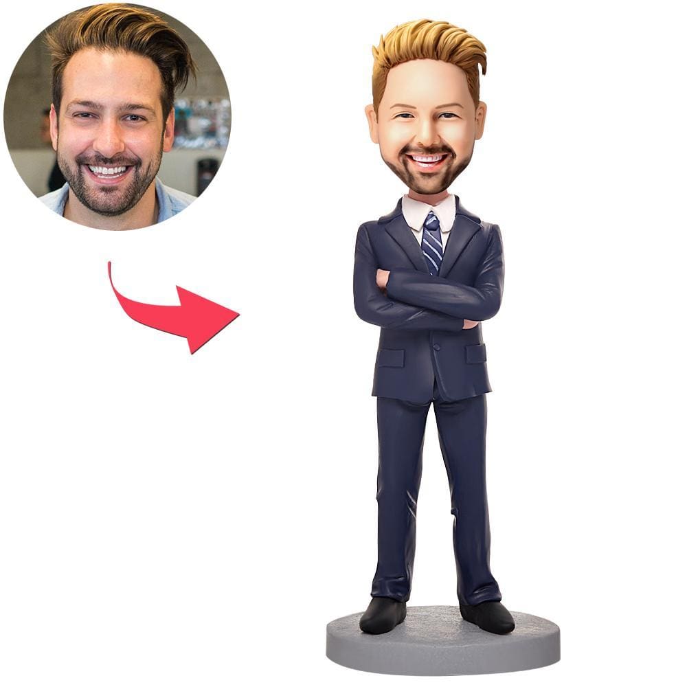 Statuette Personalizzate Da Uomo D'affari In Abito Blu Con Testa Oscillante E Testo Inciso. - GiftlabIT