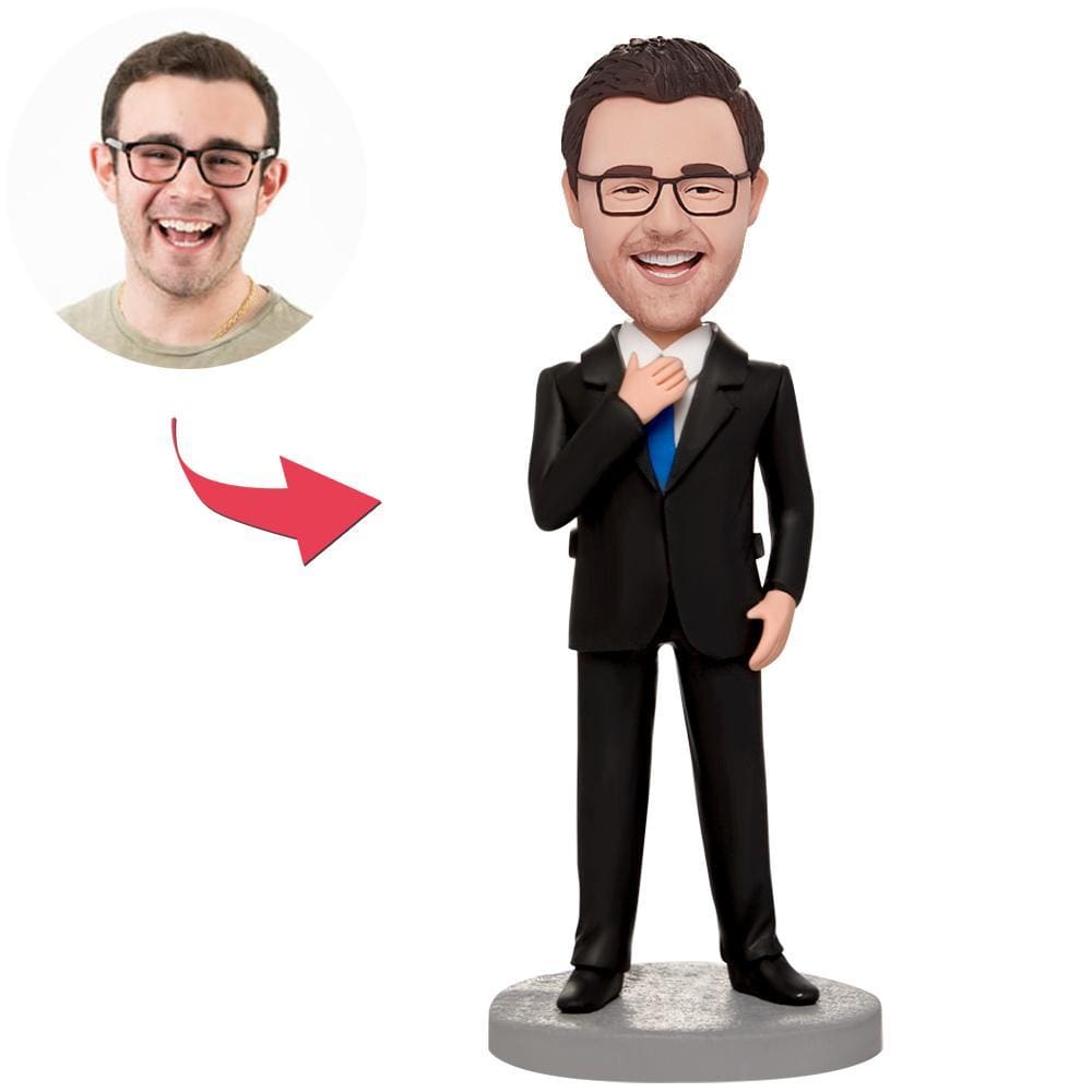 Statuetta Personalizzata Di Un Uomo D'affari Con Cravatta In Mano E Testa Oscillante, Con Testo Inciso. - GiftlabIT