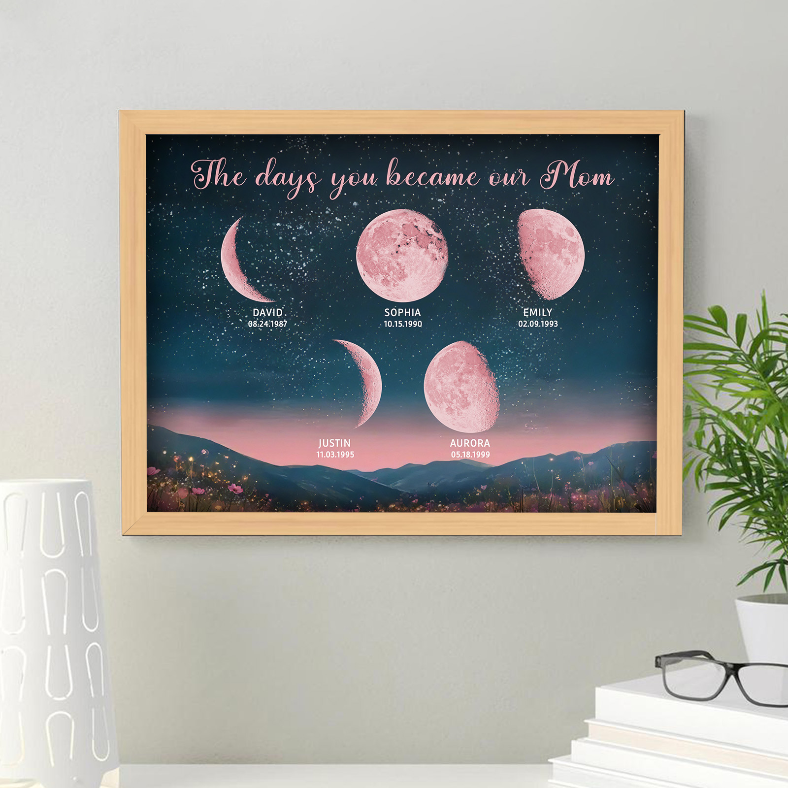 Fasi Lunari Rosa Personalizzate, Luna Di Nascita Personalizzata, Splendida Collina Di Notte Con Nomi Dei Bambini, Regalo Ideale Per La Festa Della Mamma. - GiftlabIT