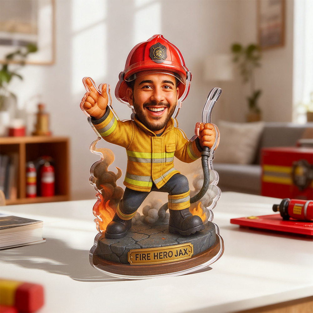Statuetta Personalizzata In Acrilico Di Un Pompiere In Stile Cartone Animato, Effetto 2d E 3d Pop. - GiftlabIT