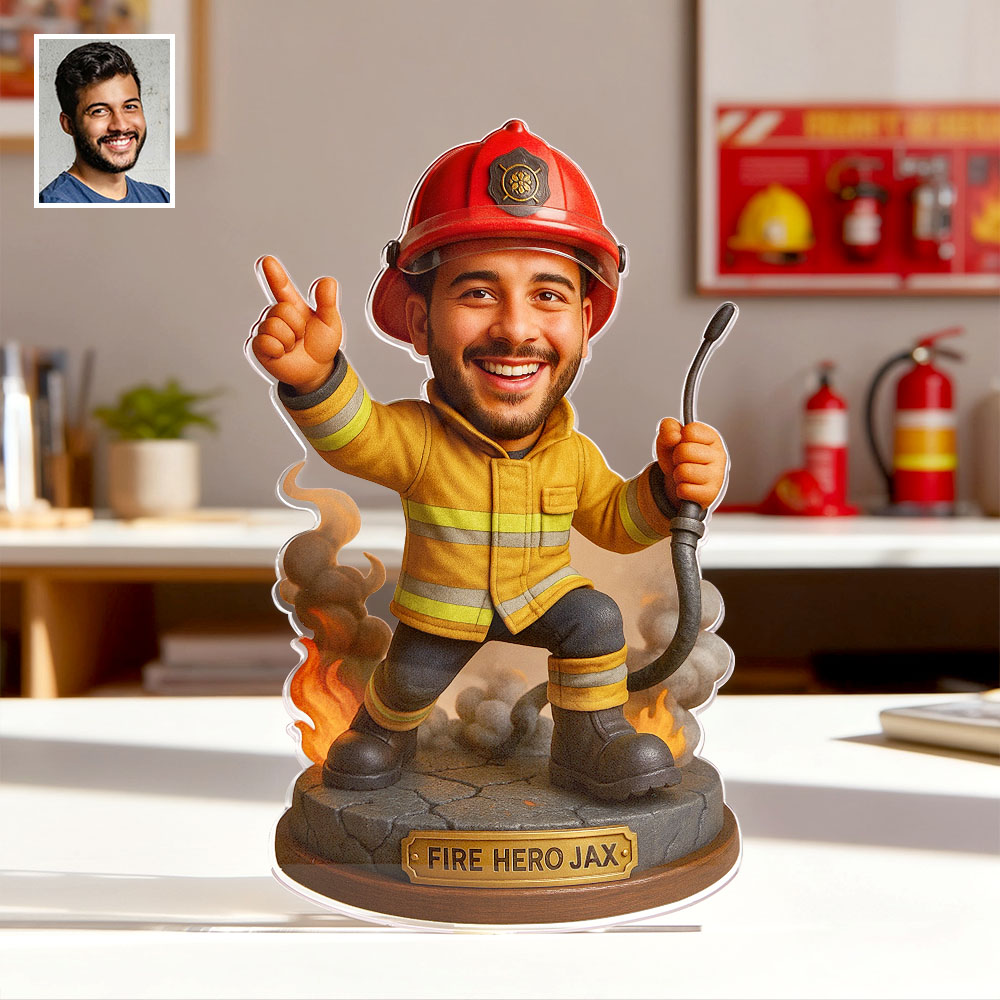 Statuetta Personalizzata In Acrilico Di Un Pompiere In Stile Cartone Animato, Effetto 2d E 3d Pop. - GiftlabIT