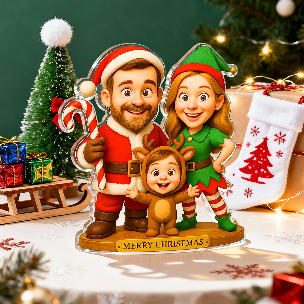 Targa Acrilica Personalizzata Con Caricatura Natalizia Di Famiglia, Effetto 2d E 3d Pop. - GiftlabIT