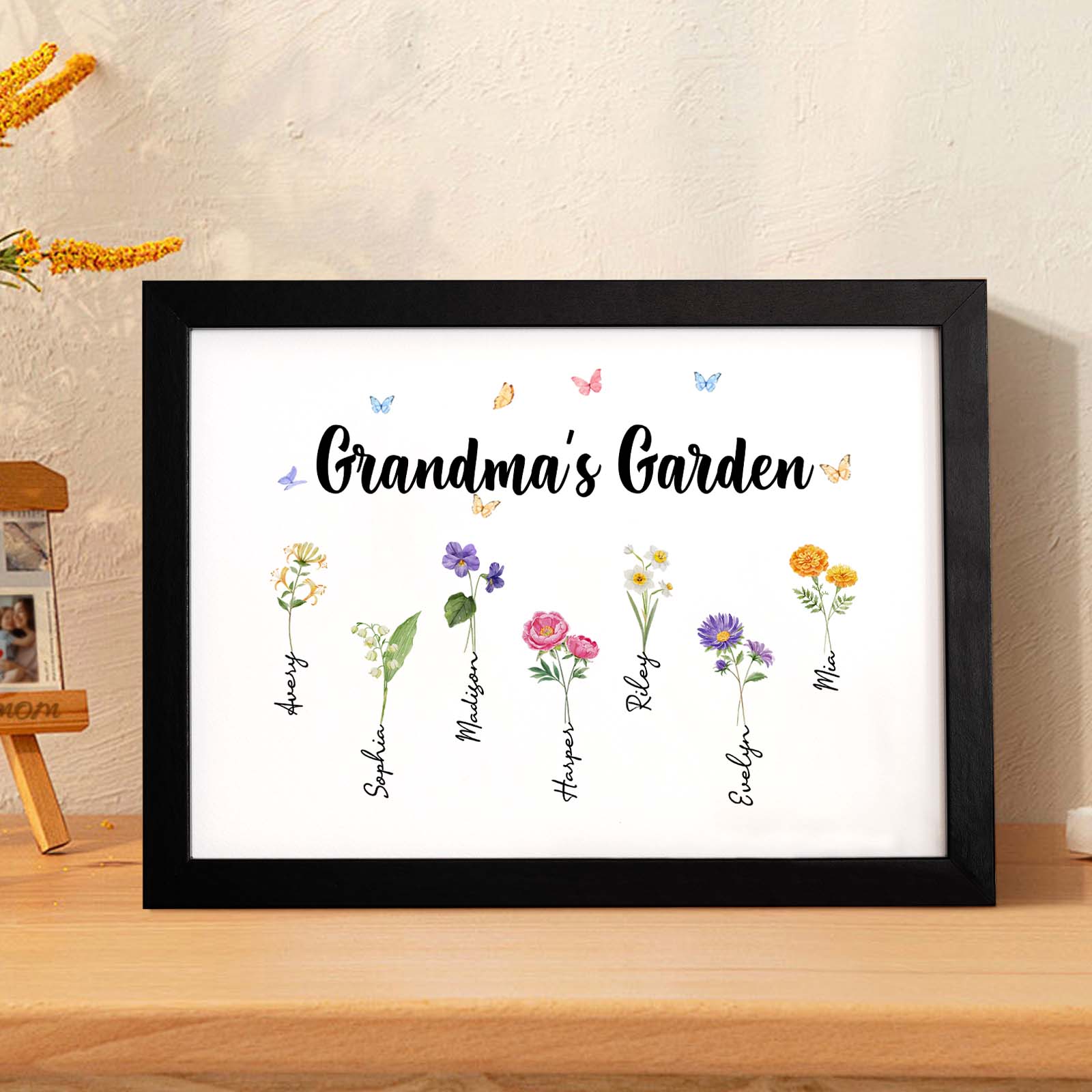 Cornice Portafoto In Legno Personalizzata 'il Giardino Della Nonna', Con Fiore Di Nascita, Regalo Per La Festa Della Mamma. - GiftlabIT