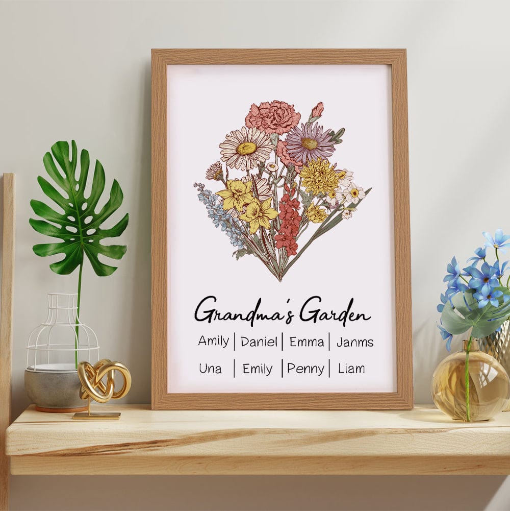Bouquet Di Fiori Di Nascita Personalizzato Con Cornice In Legno Di Faggio E Nomi, Regalo Per La Mamma - GiftlabIT