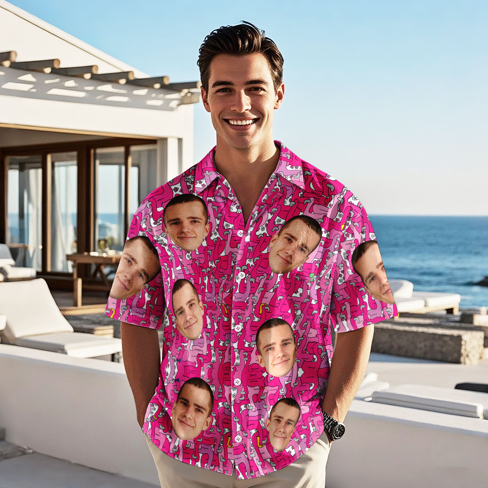 Camicia Hawaiana Personalizzata Con Fenicottero E Foto. - GiftlabIT