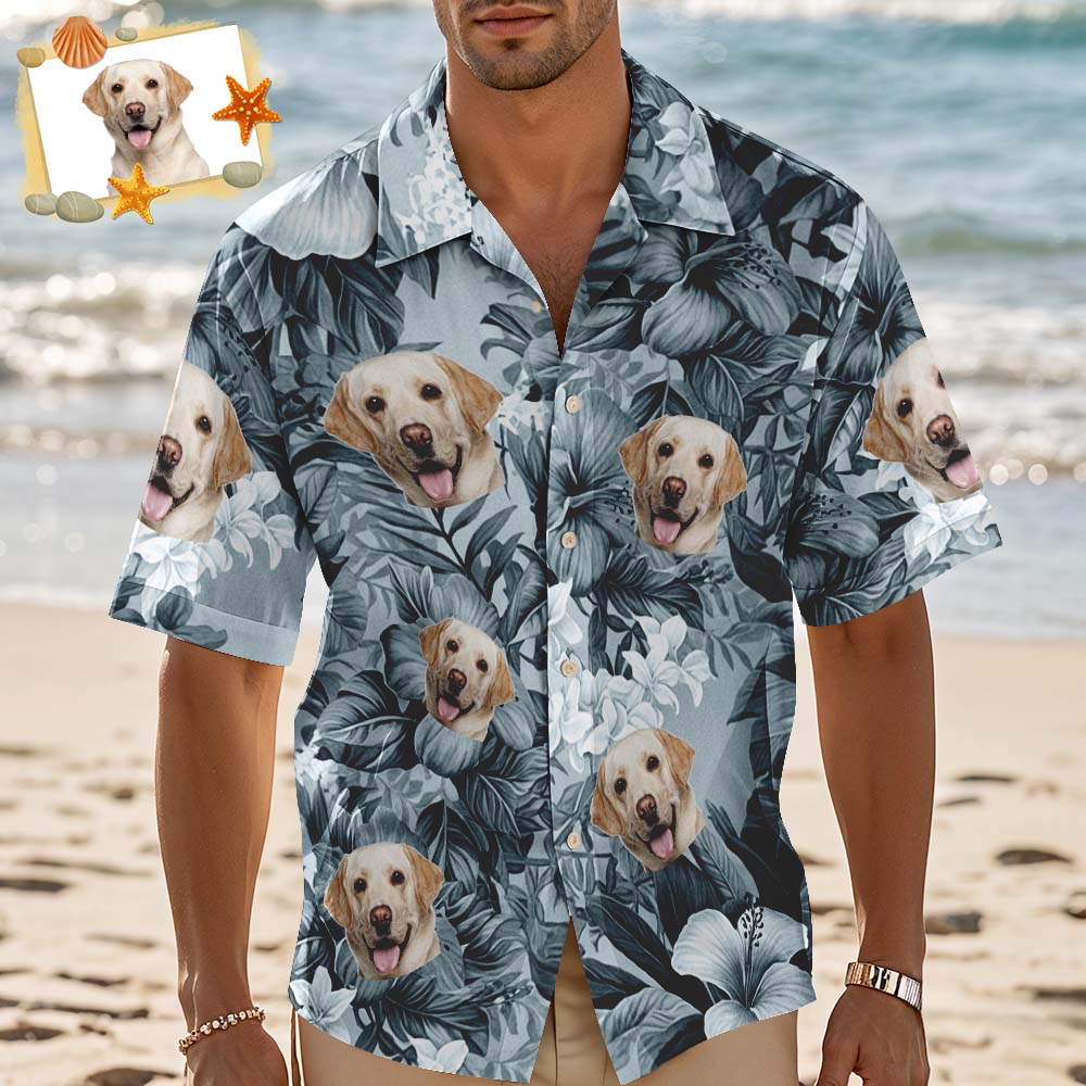 Camicia Hawaiana Personalizzata Con Foglie Blu, Foto Personalizzata, Camicia Hawaiana Divertente Per Vacanze E Feste, Ideale Per Gli Amanti Degli Animali Domestici. - GiftlabIT