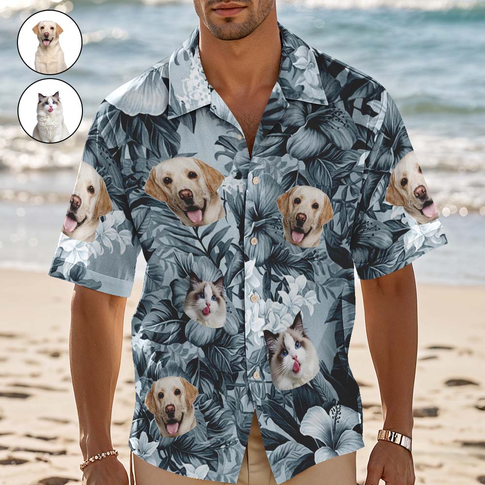 Camicia Hawaiana Personalizzata Con Foglie Blu, Foto Personalizzata, Camicia Hawaiana Divertente Per Vacanze E Feste, Ideale Per Gli Amanti Degli Animali Domestici. - GiftlabIT