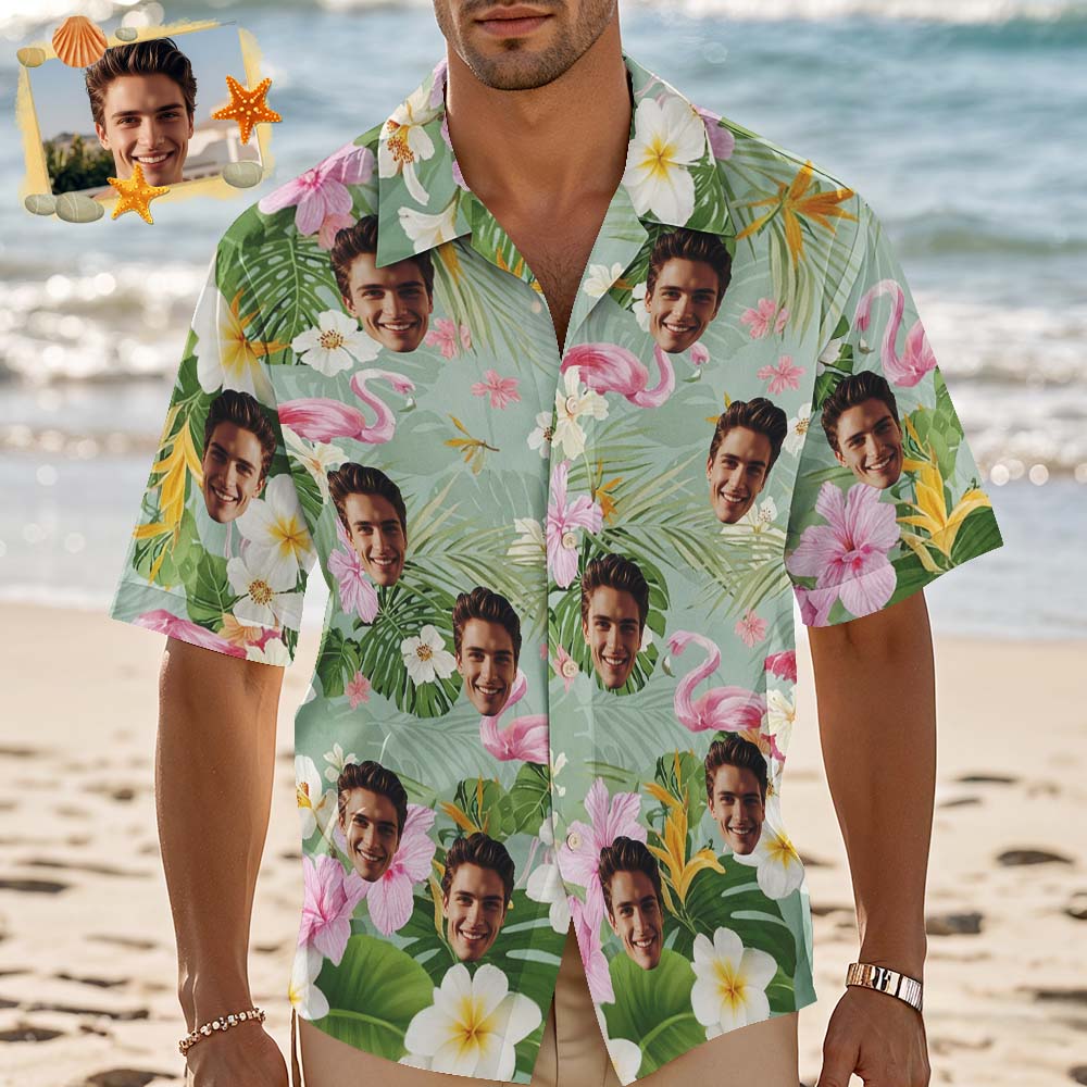 Camicia Hawaiana Personalizzata Con Fenicottero E Foglie Verdi, Foto Personalizzata, Maglietta Hawaiana Divertente, Regalo - GiftlabIT