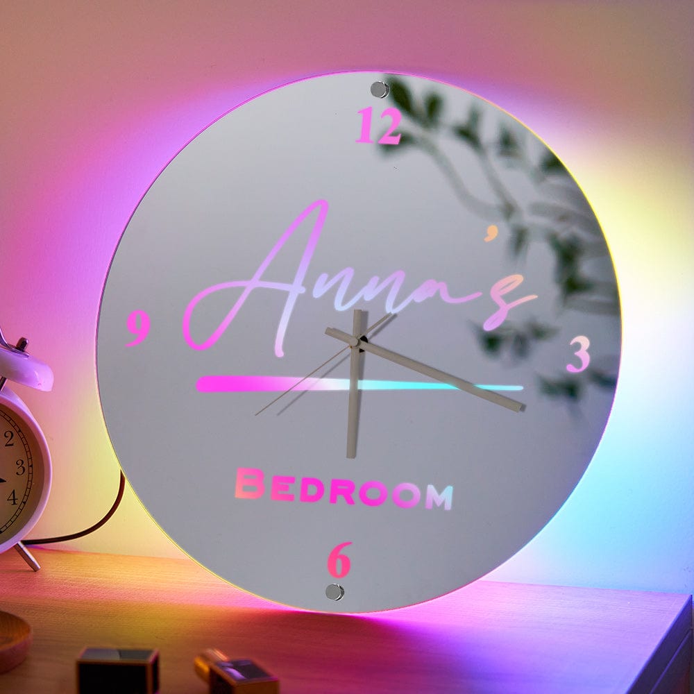 Specchio Con Luce E Orologio Personalizzato Con Nome, Decorazione Da Parete - GiftlabIT
