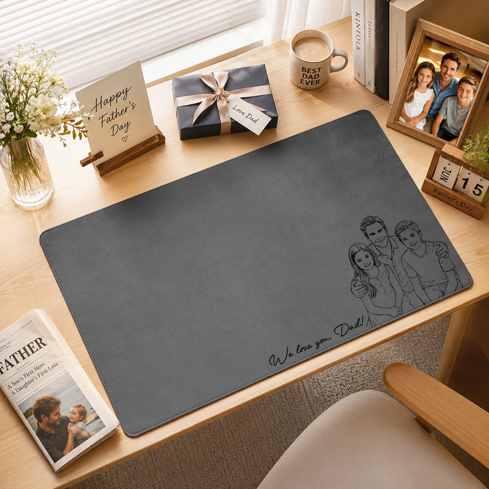 Custom Text And Photo Sketch Line Art Desk Mat For Dad Husband Father's Day Gift