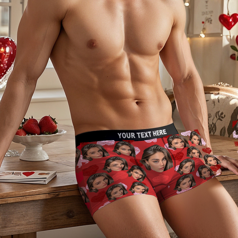 Regali Di San Valentino: Boxer Personalizzati Con Grande Faccia, Elastico Colorato, Boxer Rossi Con Cuori Rossi E Rosa, Regali Per Lui. - GiftlabIT
