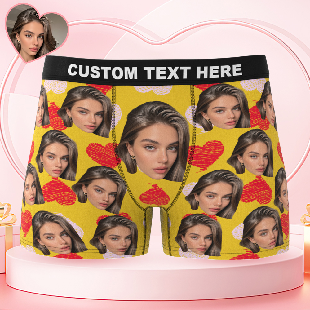 Regali Di San Valentino Boxer Personalizzati Con Grande Faccia, Elastico Colorato, Boxer Gialli, Cuori Rossi E Rosa, Regali Per Lui - GiftlabIT