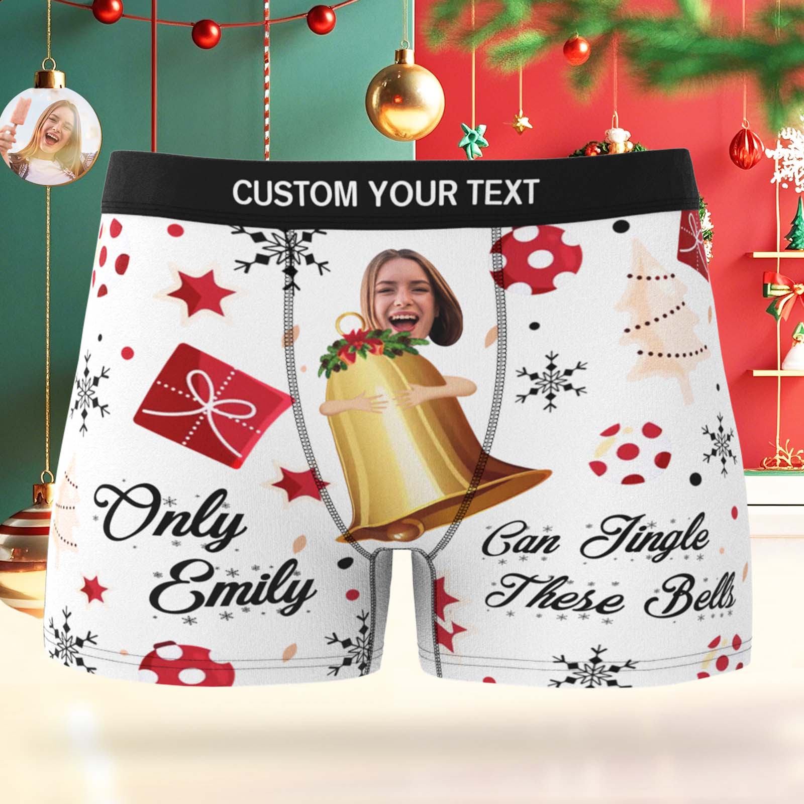 Boxer Da Uomo Personalizzati Con Foto, Intimo Da Babbo Natale, Regalo 'solo Emily Può Far Tintinnare Queste Campanelle', Boxer Da Uomo Divertenti Con Foto Personalizzata. - GiftlabIT