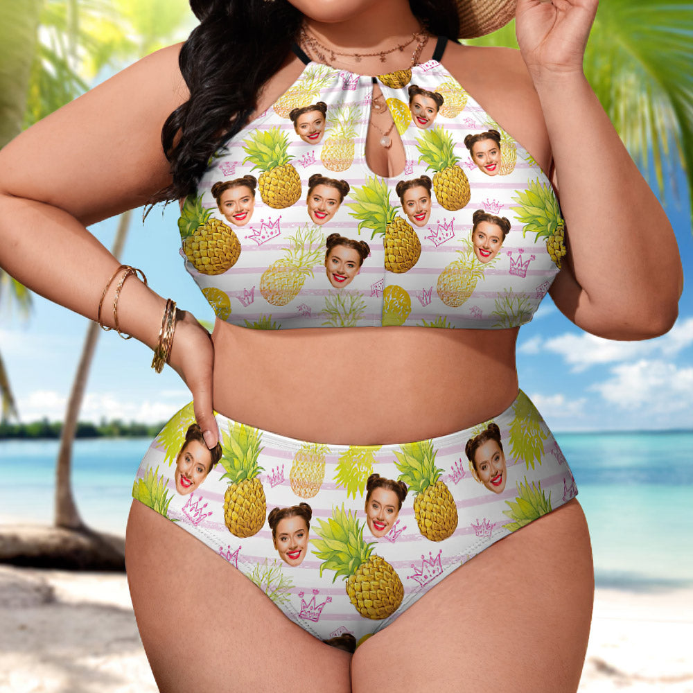 Costume Da Bagno Taglie Forti Con Stampa Viso, Bikini A Vita Alta - Ananas - GiftlabIT