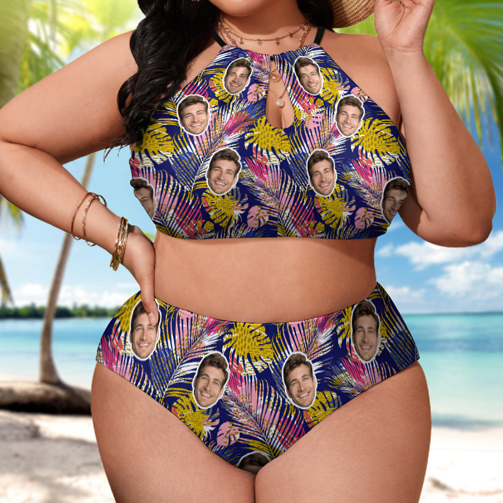 Costume Da Bagno Taglie Forti Con Stampa Personalizzata Del Viso - Bikini Con Foglie Colorate - GiftlabIT