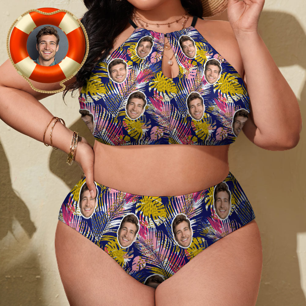 Costume Da Bagno Taglie Forti Con Stampa Personalizzata Del Viso - Bikini Con Foglie Colorate - GiftlabIT