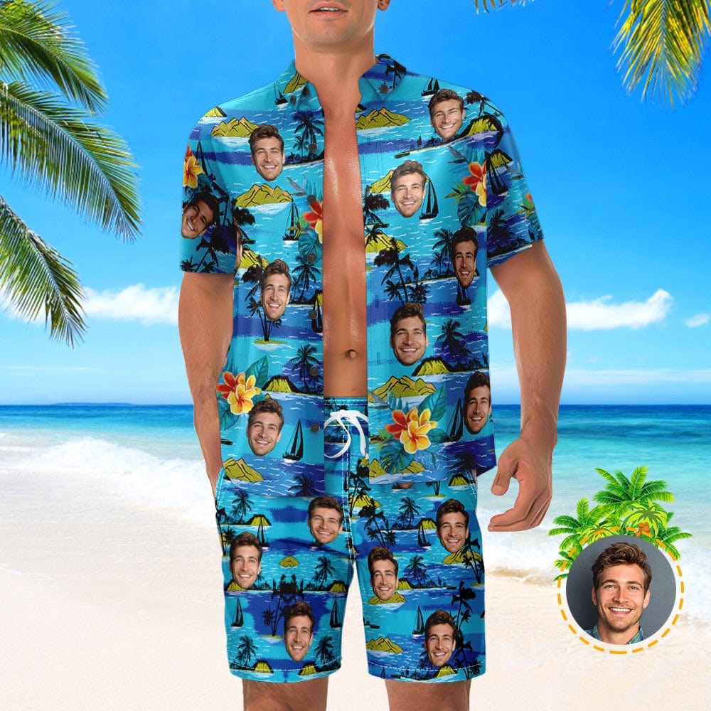 Completo Da Uomo Con Camicia Hawaiana E Pantaloncini Da Spiaggia Personalizzati Con Foto, Stile Gang, Ideale Come Regalo Per Feste E Vacanze. - GiftlabIT
