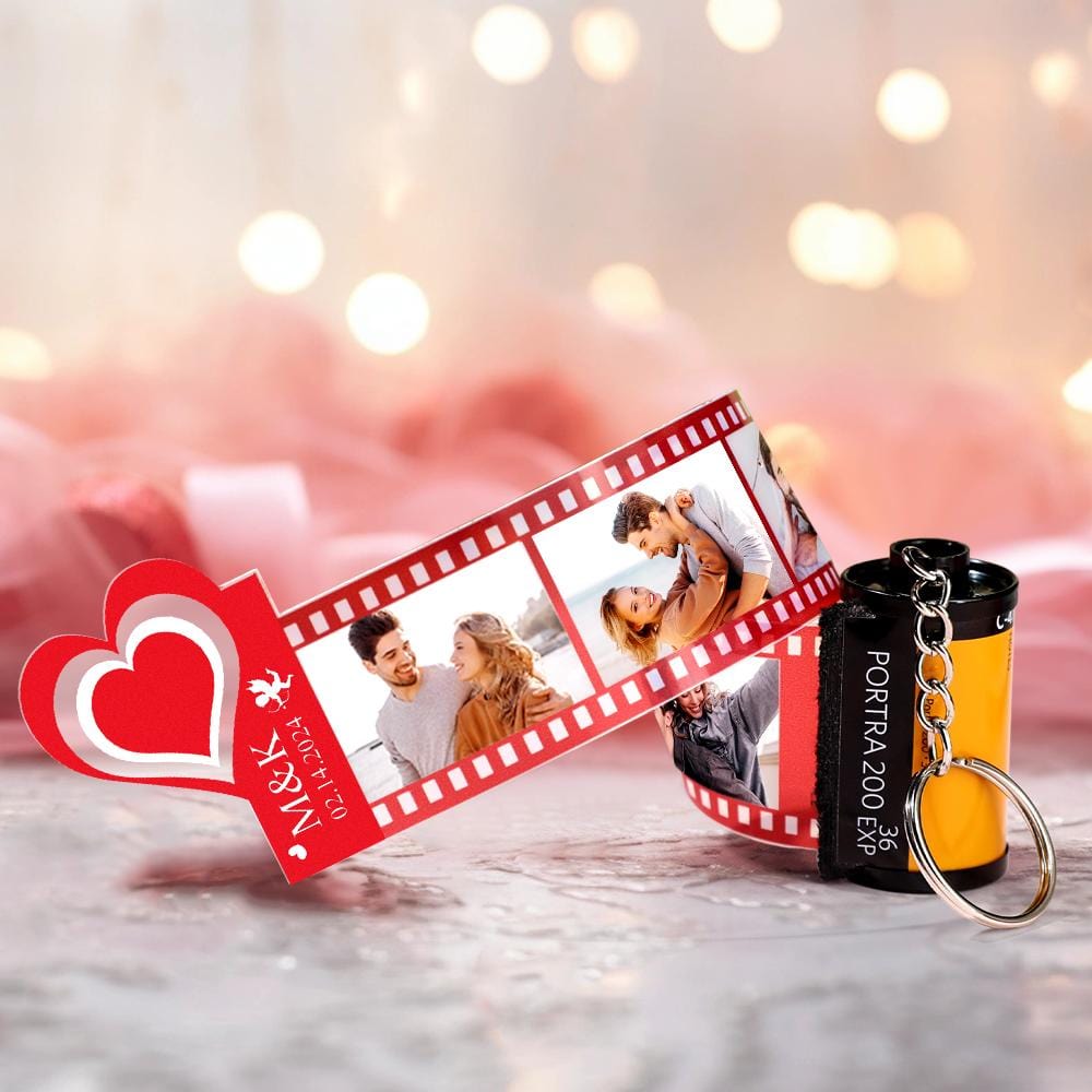 Portachiavi A Forma Di Rullino Fotografico Con Cuore Rosso, Personalizzabile, Con Meccanismo A Strappo, Ideale Come Regalo Di San Valentino Per Le Coppie. - GiftlabIT