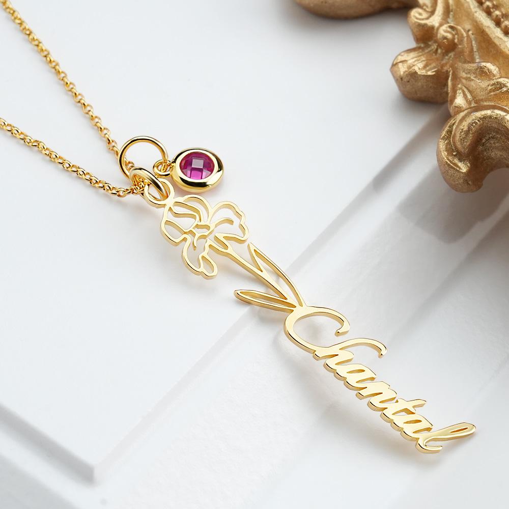 Collana Personalizzata Con Testo, Fiore Di Nascita E Pietra Portafortuna, Regalo Personalizzato Per La Mamma - GiftlabIT