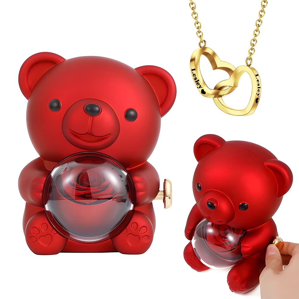Collana Con Cuore Inciso E Vera Rosa, Scatola Regalo A Forma Di Orso, Scatola Regalo Per Collana A Forma Di Rosa, Scatola Regalo Per Gioielli - GiftlabIT