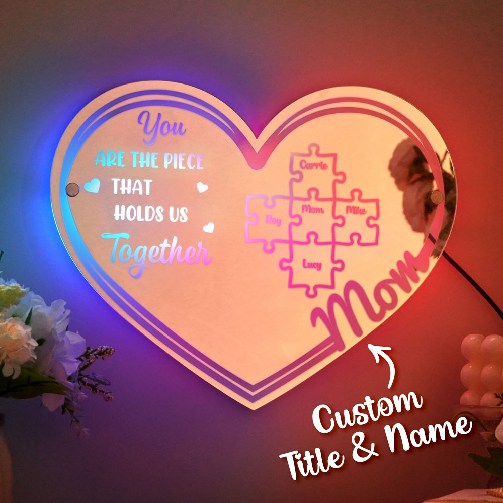 Regalo Personalizzato Per La Festa Della Mamma: 'mamma, Sei Il Pezzo Che Ci Tiene Uniti' - Specchio Luminoso Con Scritta A Forma Di Pezzo Di Puzzle. - GiftlabIT
