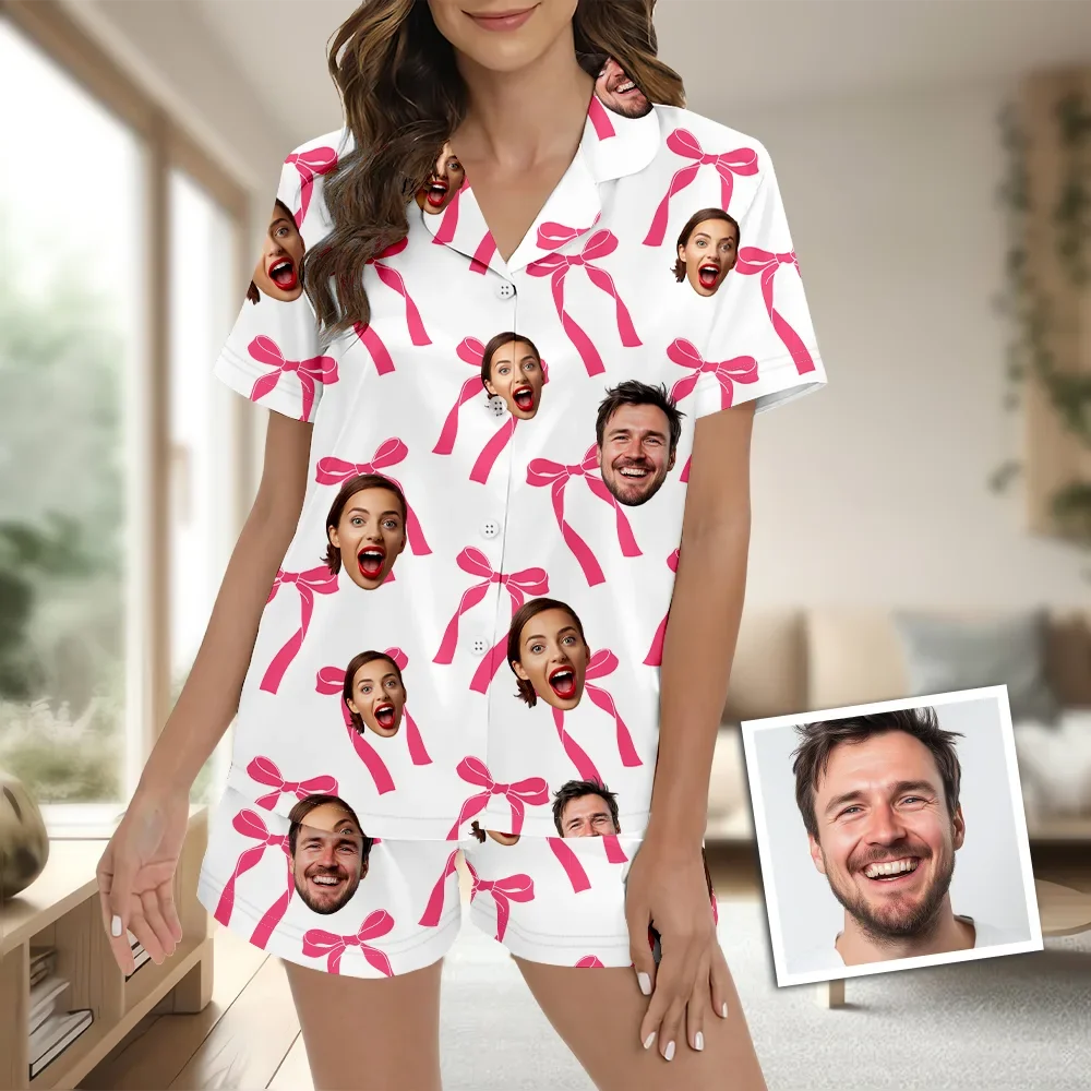 Pigiama A Maniche Corte Con Stampa Personalizzata Del Viso, Fiocco Personalizzato, Regalo Per Coppie, Pigiama Con Foto - GiftlabIT