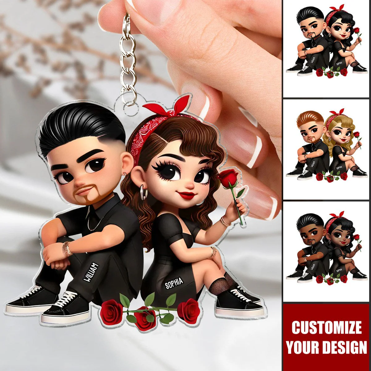 Portachiavi Personalizzato In Acrilico Con Cuore E Rose, Raffigurante Una Graziosa Coppia. - GiftlabIT