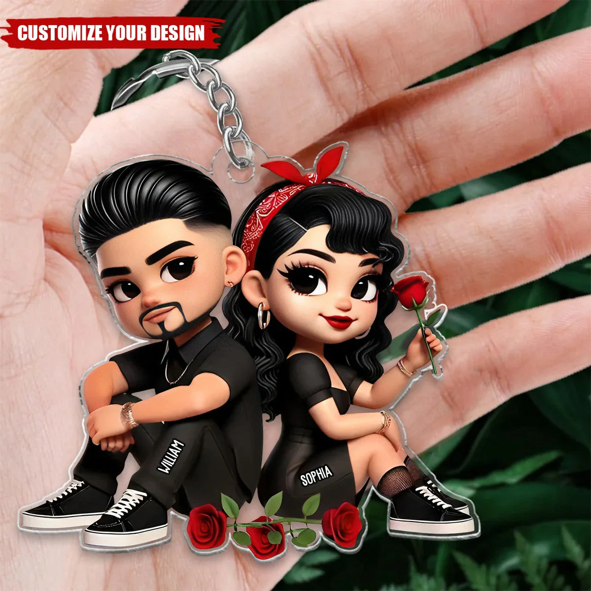 Portachiavi Personalizzato In Acrilico Con Cuore E Rose, Raffigurante Una Graziosa Coppia. - GiftlabIT