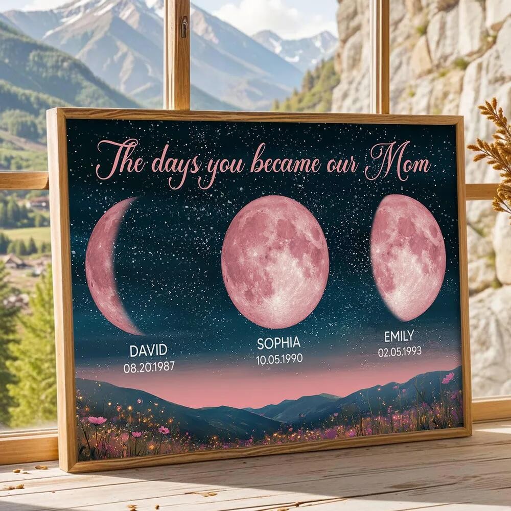 Fasi Lunari Rosa Personalizzate, Luna Di Nascita Personalizzata, Splendida Collina Di Notte Con Nomi Dei Bambini, Regalo Ideale Per La Festa Della Mamma. - GiftlabIT