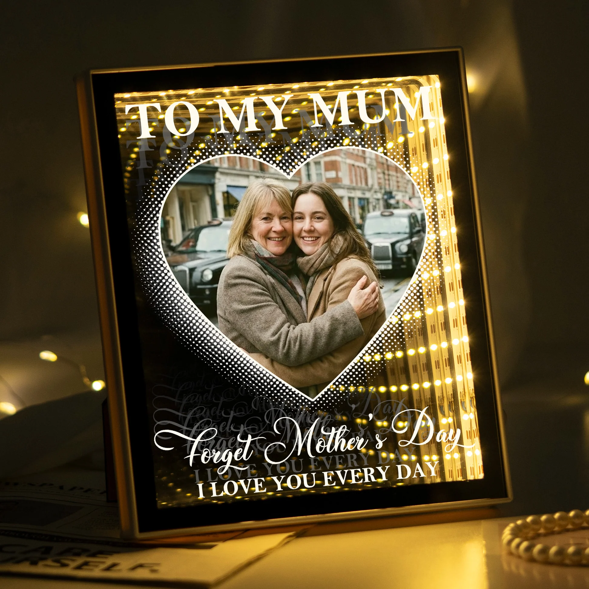 Dimentica La Festa Della Mamma, Ti Amo Ogni Giorno - Scatola Luminosa Con Specchio Infinito Personalizzato Con Foto - GiftlabIT
