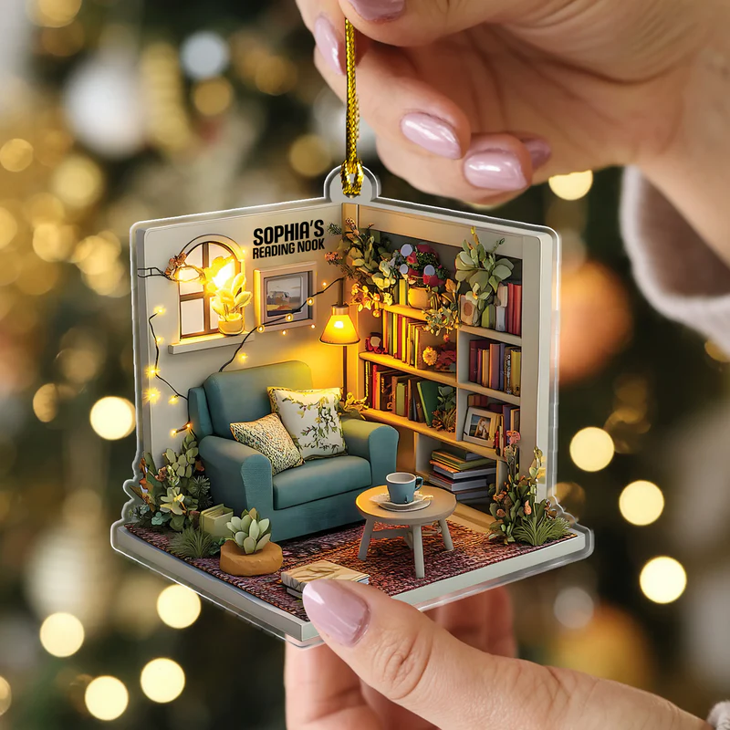 Angolo Lettura Accogliente E Sognante In 2d - Ornamento Acrilico Personalizzato Per La Lettura, Decorazione Natalizia Per La Stanza Della Lettura, Regalo Per Amanti Dei Libri - GiftlabIT