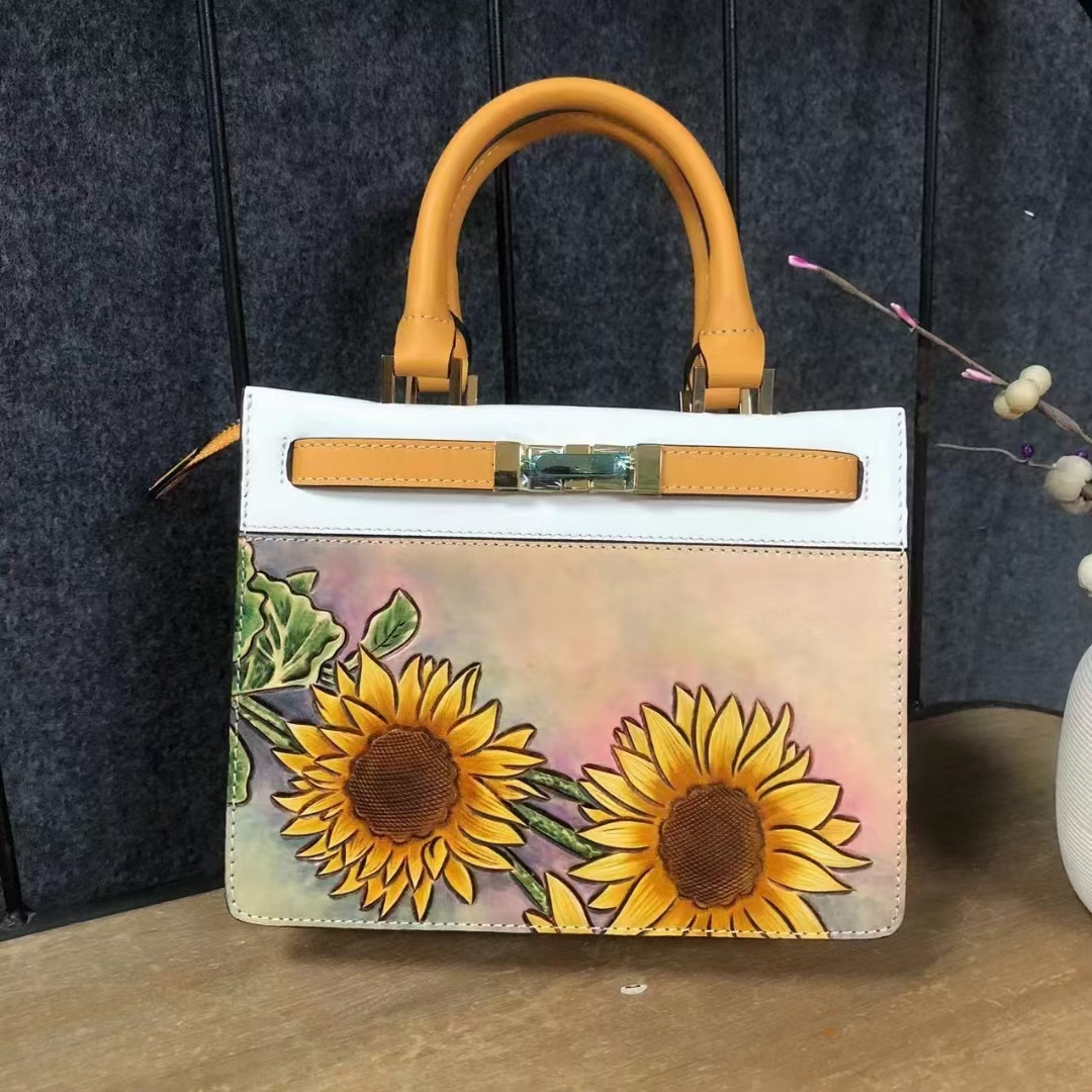 Handmade Sunflower Carving Crossbody Top Handle Bag 2 PCS