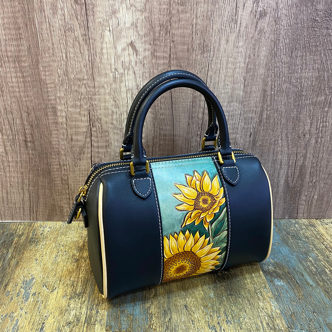  Handmade Leather Art Sunflower  Boston Bag