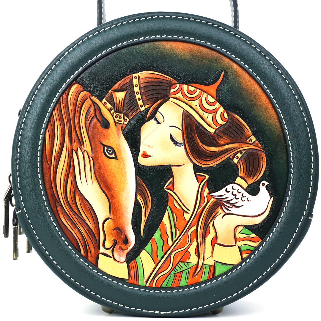 Round Girl Leather Craving Pattern Handmade Crossbody Bag
