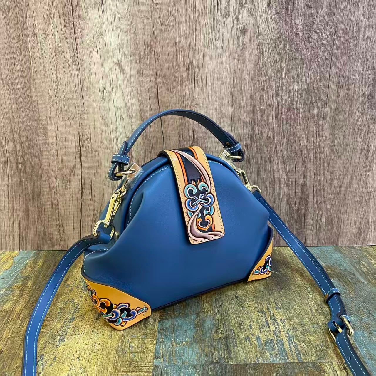 Cordate Handmade Leather Carving Bag Black Women Fashion Bag-2pcs