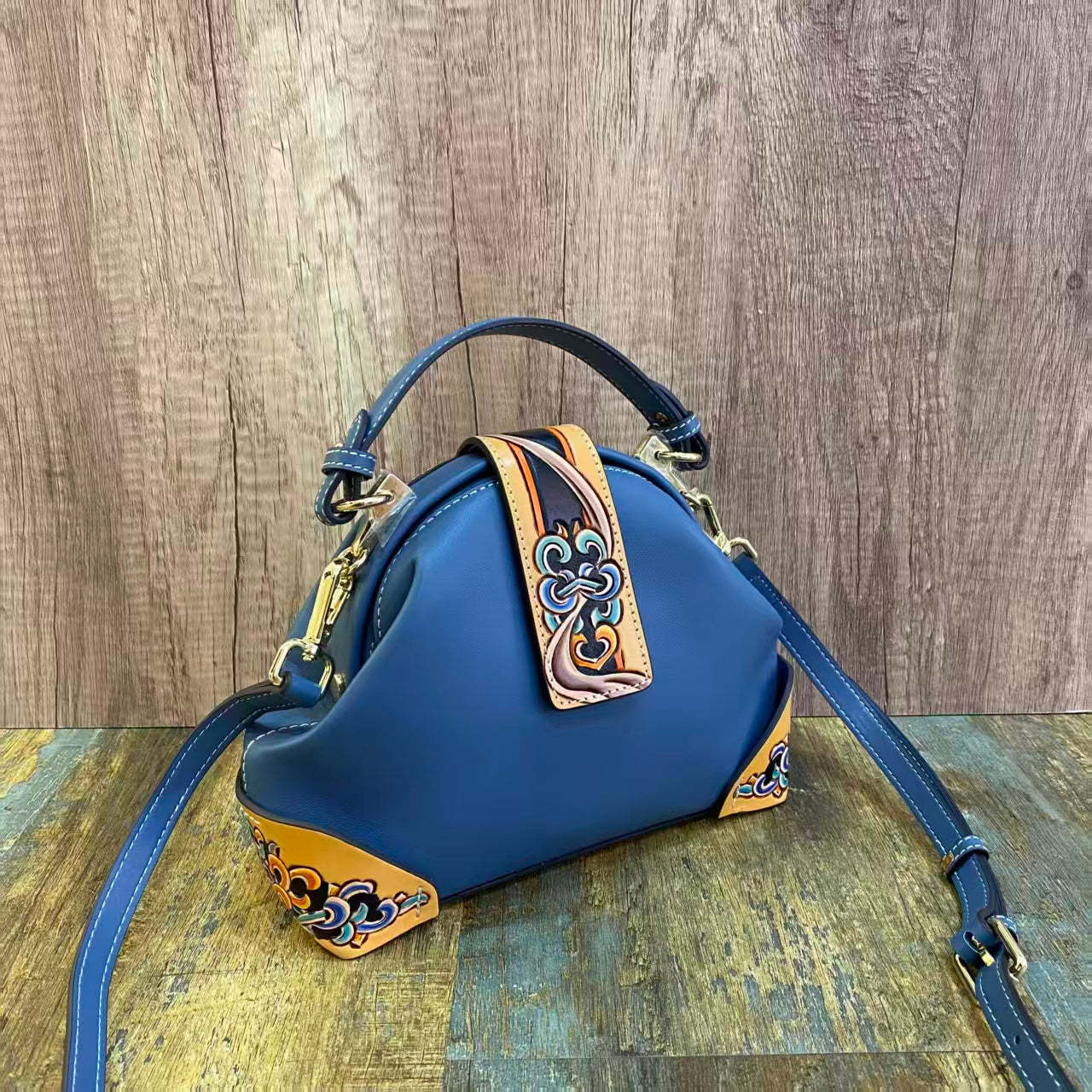 Cordate Handmade Leather Carving Bag Black Women Fashion Bag-2pcs