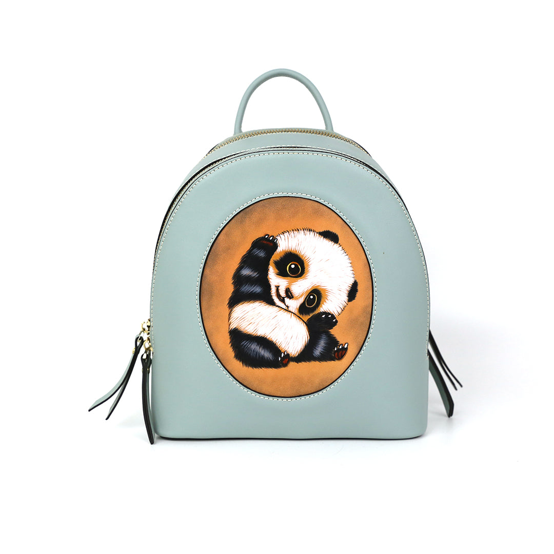 Panda Pattern Leather Carving Pattern Handmade Backpack