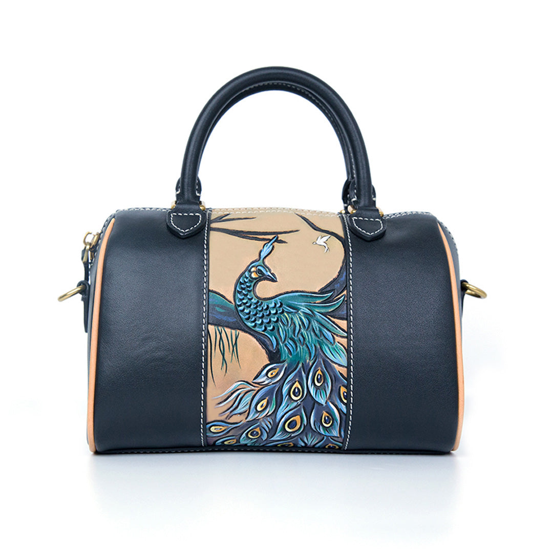 Handmade Peacock Carving Crossbody Boston Bag