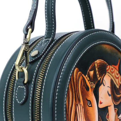 Round Girl Leather Craving Pattern Handmade Crossbody Bag