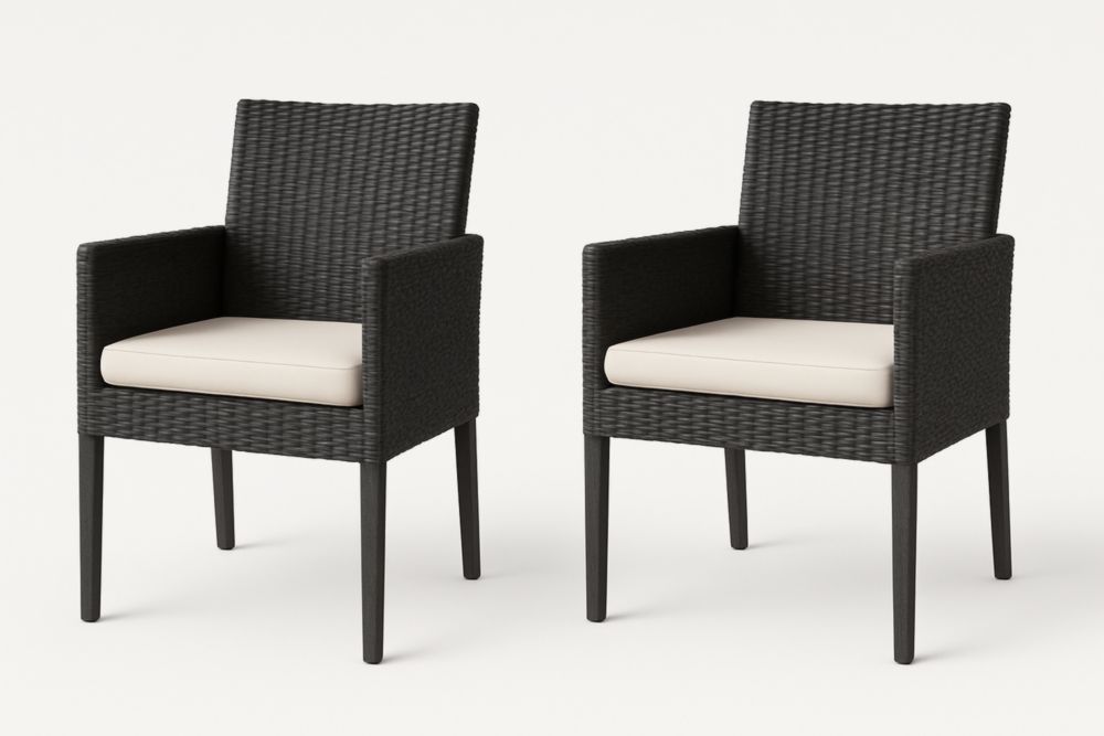 Set 2 Sedie da Giardino in Rattan Sintetico Nero con Cuscini in Poliestere Crema