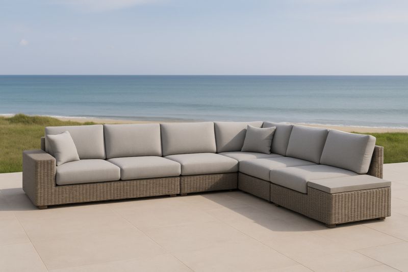 Divano ad angolo da esterno in rattan sintetico con cuscini in poliestere