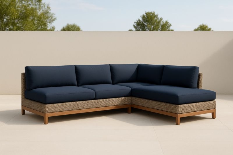 Divano ad angolo da esterno in poliestere e rattan sintetico con cuscini blu