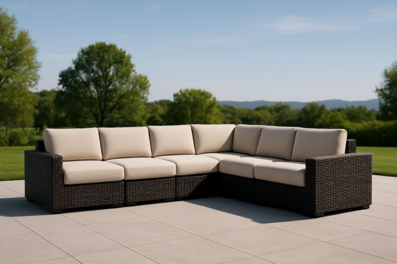 Divano ad angolo per esterno in rattan sintetico e cuscini beige