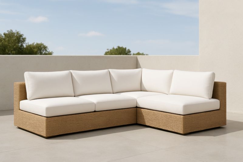 Divano ad angolo da esterno in rattan sintetico con cuscini bianchi
