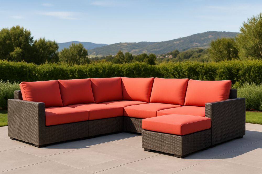 Set salotto angolare in rattan sintetico con cuscini rossi