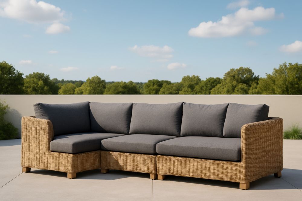 Divano ad angolo da esterno in rattan con cuscini grigi