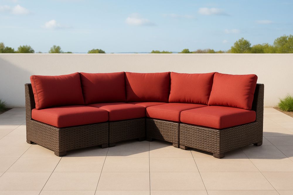 Divano ad angolo modulare da esterno in plastica marrone con cuscini in poliestere rossi