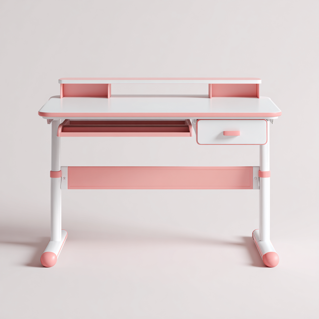 Bureau enfant-MDF-acier-110x60x74 cm-blanc-rose-design ergonomique ajustable-Dengetio